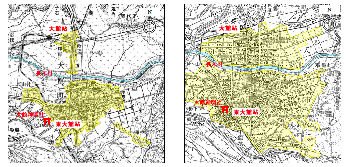 城鎮擴建（左：1974年、右：現在）（地圖：出點國土地理院）